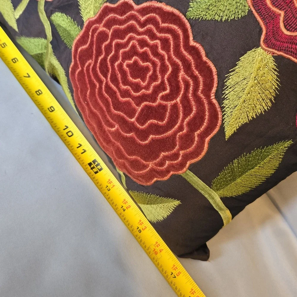 Pier 1 Floral Rose Throw Pillow 16x12 Velvet Embroidered Brown Red Orange Green